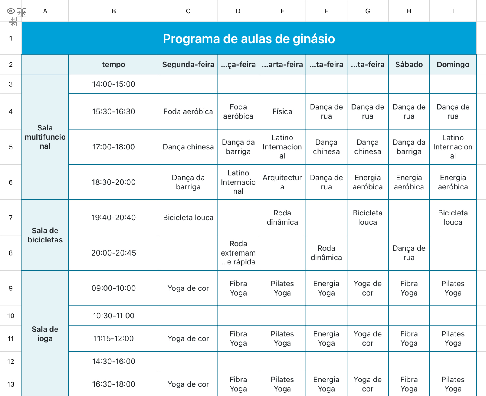 Programa de aulas de ginásio
